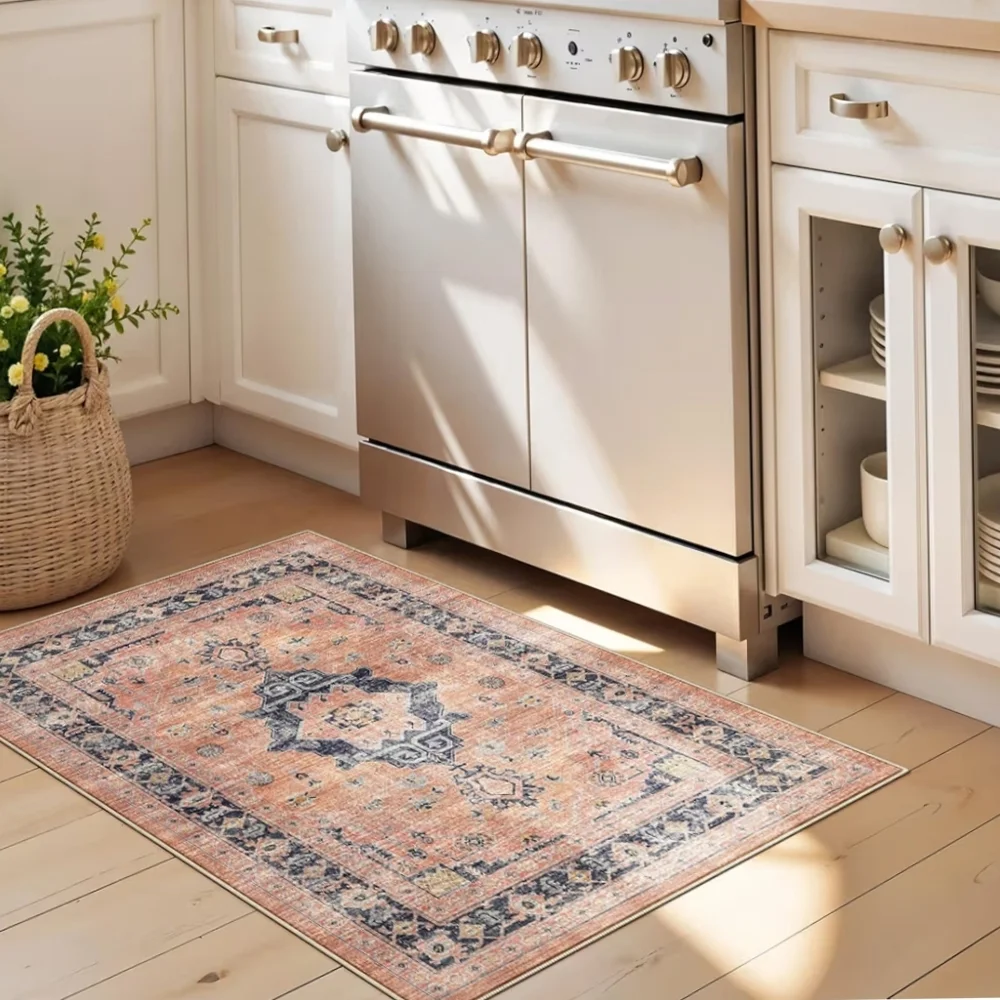 NWT 2'x3' Boho Rug Non-Slip Machine Washable In Orange/Beige/Navy/Gray